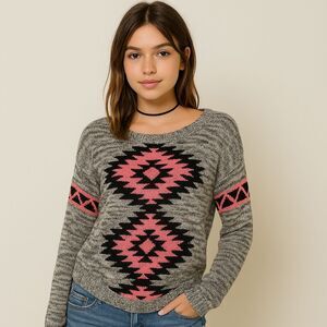 Vintage Wet Seal Womens Medium Y2K Aztec Diamond Glitter‎ Pullover Crop Sweater